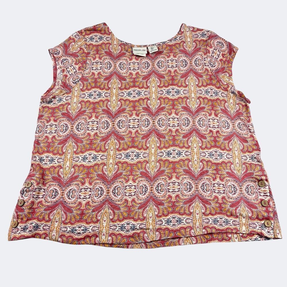 Rachel Zoe Linen Top Cap Sleeve Paisley Boho Mod Button Side Casual Boxy Shirt